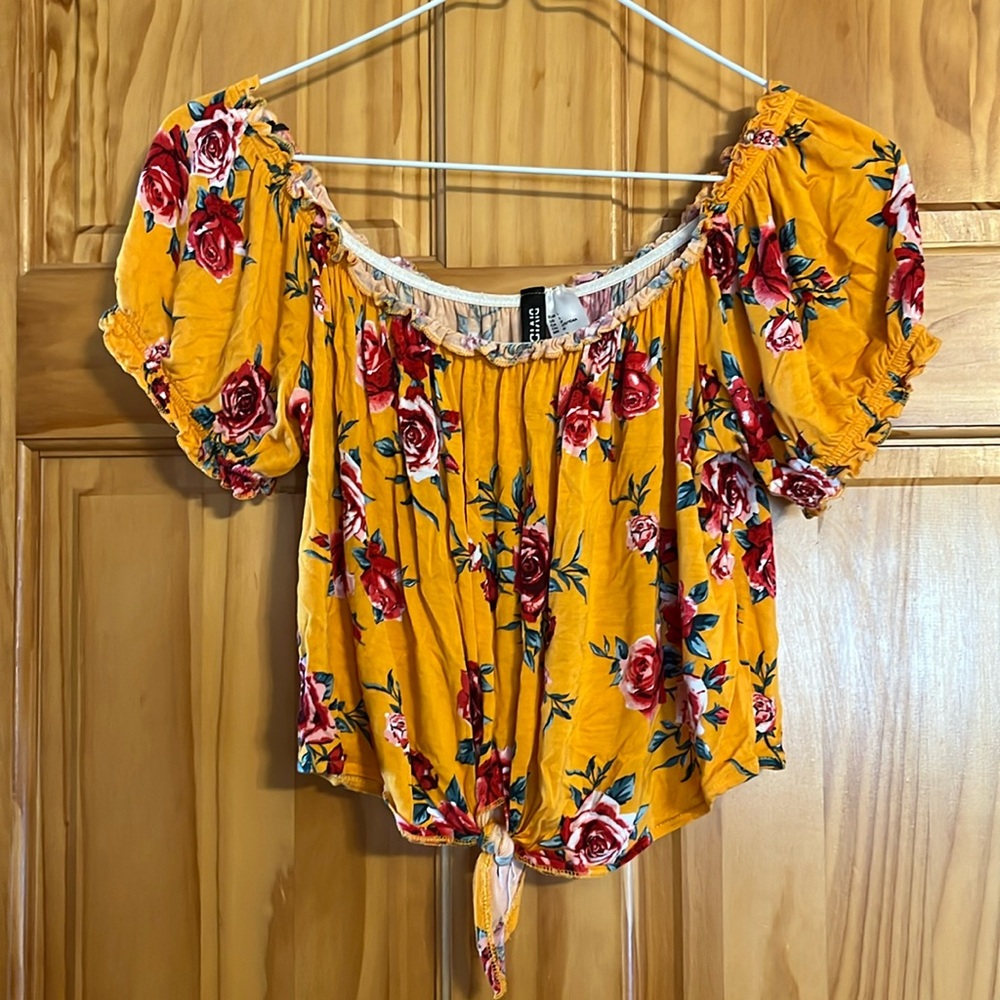 Crop top, tie front, on/off shoulder top